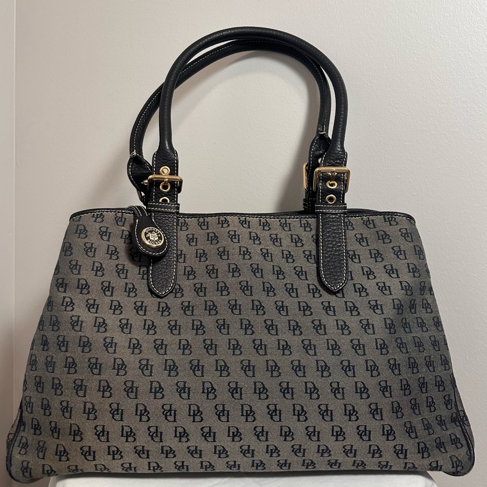 Dooney & Bourke Buckle Satchel - Grey DB Monogramed Fabric w/ Black Leather Trim